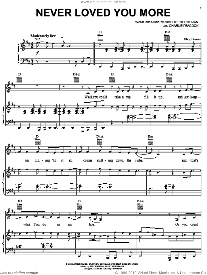 Never Loved You More sheet music for voice, piano or guitar by Nichole Nordeman and Charlie Peacock, intermediate skill level