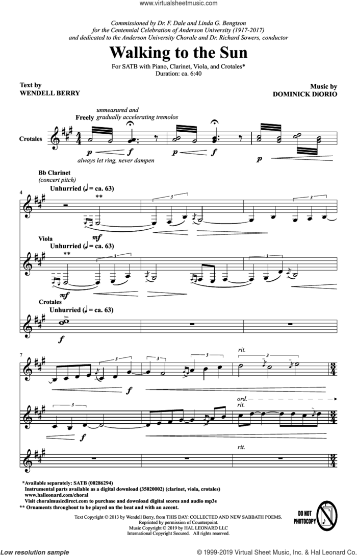 Walking To The Sun sheet music for choir (SATB: soprano, alto, tenor, bass) by Dominick DiOrio and Wendell Berry, intermediate skill level