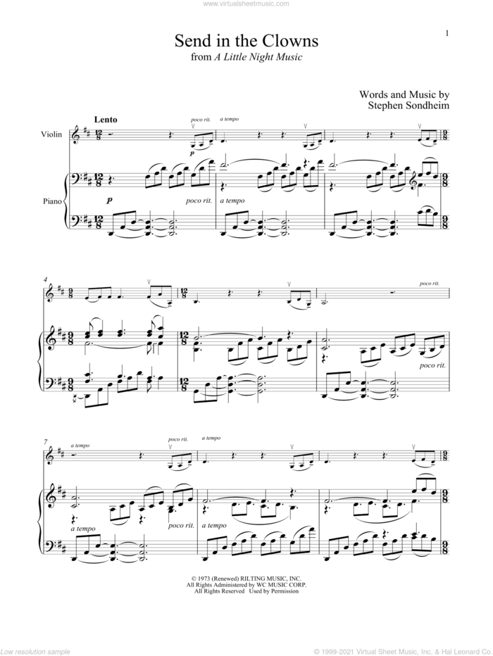 Send In The Clowns (from A Little Night Music) sheet music for violin and piano by Stephen Sondheim, intermediate skill level