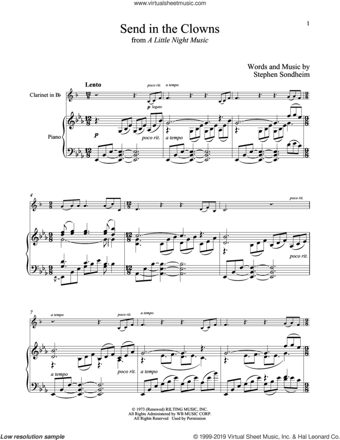 Send In The Clowns (from A Little Night Music) sheet music for clarinet and piano by Stephen Sondheim, intermediate skill level