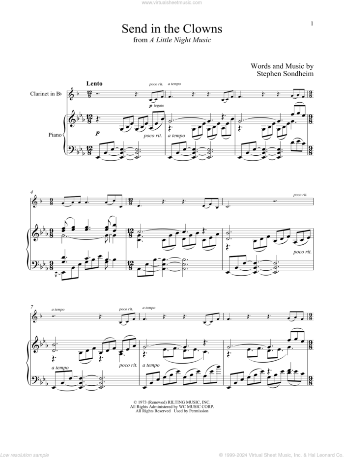 Send In The Clowns (from A Little Night Music) sheet music for clarinet and piano by Stephen Sondheim, intermediate skill level