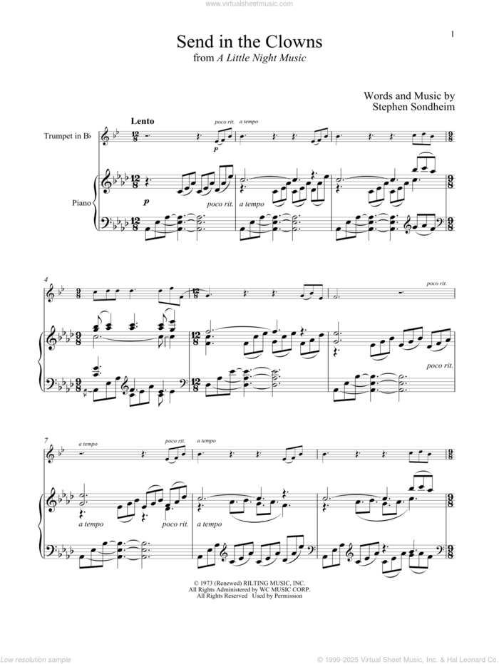 Send In The Clowns (from A Little Night Music) sheet music for trumpet and piano by Stephen Sondheim, intermediate skill level