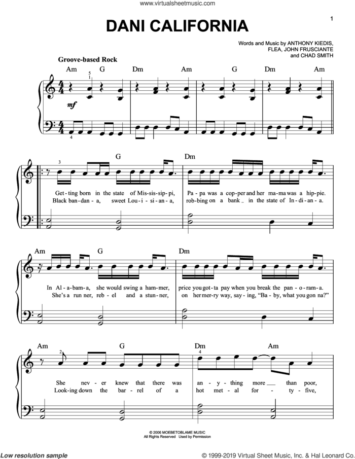 Dani California sheet music for piano solo by Red Hot Chili Peppers, Anthony Kiedis, Chad Smith, Flea and John Frusciante, easy skill level