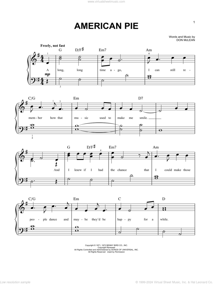 American Pie sheet music for piano solo by Don McLean, easy skill level