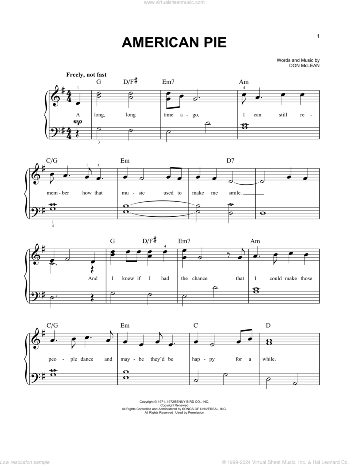 American Pie sheet music for piano solo by Don McLean, easy skill level