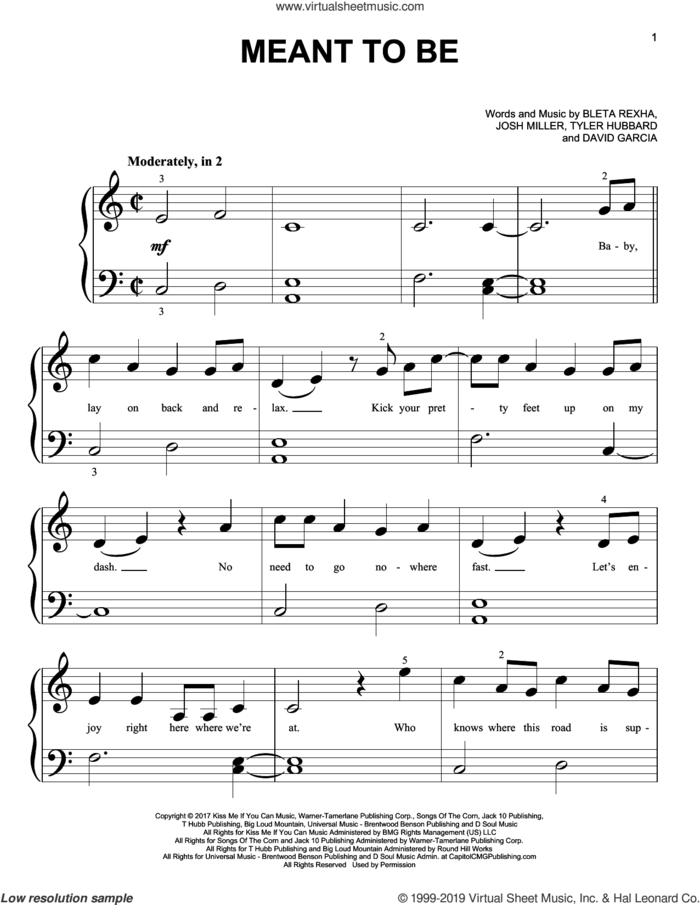 Meant To Be (feat. Florida Georgia Line) sheet music for piano solo (big note book) by Bebe Rexha, Bebe Rexha & Florida Georgia Line, Florida Georgia Line, Bleta Rexha, David Garcia, Josh Miller and Tyler Hubbard, easy piano (big note book)
