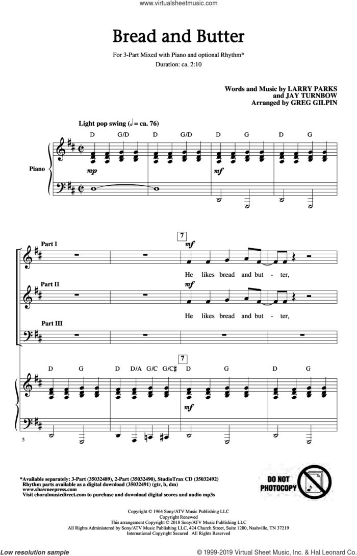 Bread And Butter (arr. Greg Gilpin) sheet music for choir (3-Part Mixed) by Larry Parks & Jay Turnbow, Greg Gilpin, Newbeats, Jay Turnbow and Larry Parks, intermediate skill level
