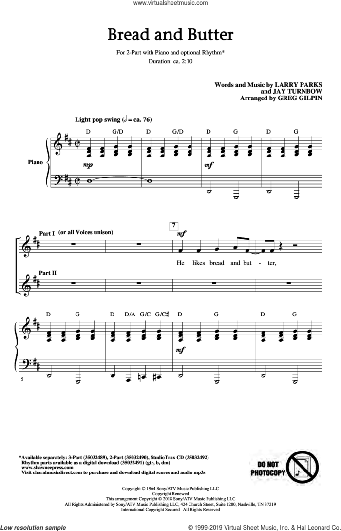 Bread And Butter (arr. Greg Gilpin) sheet music for choir (2-Part) by Larry Parks & Jay Turnbow, Greg Gilpin, Newbeats, Jay Turnbow and Larry Parks, intermediate duet