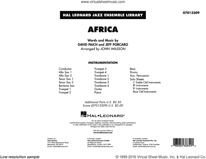 Africa (arr. John Wasson) (COMPLETE) sheet music for jazz band by Toto, David Paich, Jeff Porcaro and John Wasson, intermediate skill level
