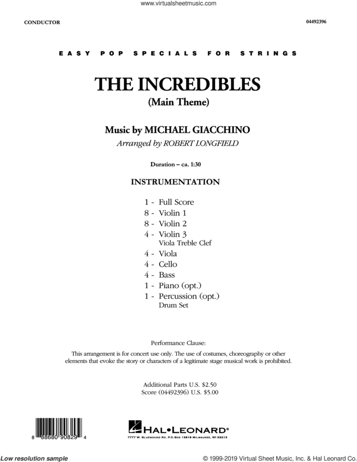 The Incredibles (Main Theme) (arr. Robert Longfield) (COMPLETE) sheet music for orchestra by Robert Longfield and Michael Giacchino, intermediate skill level