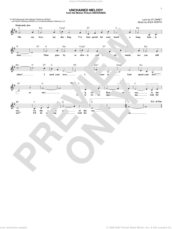 Unchained Melody sheet music for voice and other instruments (fake book) by The Righteous Brothers, Al Hibbler, Barry Manilow, Elvis Presley, Les Baxter, Alex North and Hy Zaret, wedding score, intermediate skill level