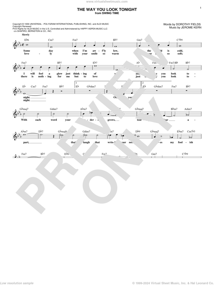 The Way You Look Tonight sheet music for voice and other instruments (fake book) by Dorothy Fields and Jerome Kern, wedding score, intermediate skill level