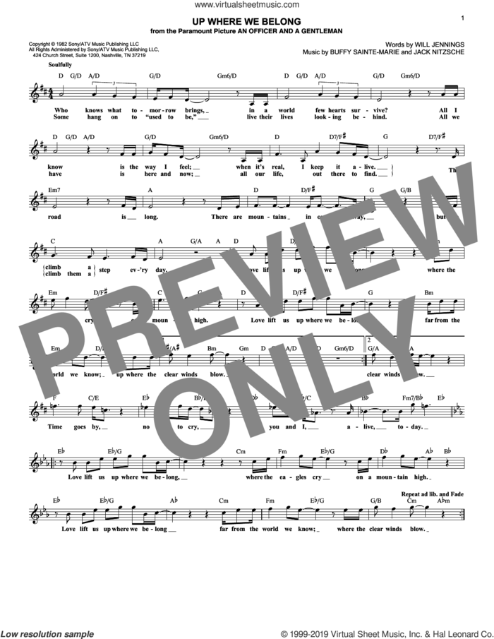 Up Where We Belong sheet music for voice and other instruments (fake book) by Joe Cocker & Jennifer Warnes, Buffy Sainte-Marie, Jack Nitzche and Will Jennings, intermediate skill level