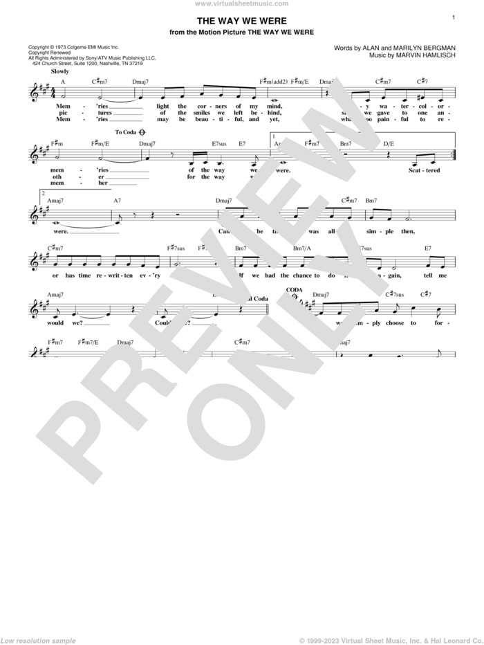 The Way We Were sheet music for voice and other instruments (fake book) by Barbra Streisand, Alan Bergman, Marilyn Bergman and Marvin Hamlisch, intermediate skill level