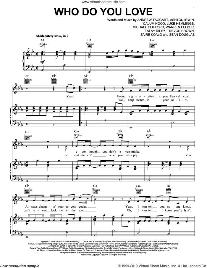 Who Do You Love (feat. 5 Seconds of Summer) sheet music for voice, piano or guitar by Chainsmokers, 5 Seconds of Summer, Andrew Taggart, Ashton Irwin, Calum Hood, Luke Hemmings, Michael Clifford, Sean Douglas, Talay Riley, Trevor Brown, Warren Felder and Zaire Koalo, intermediate skill level