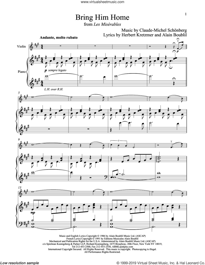 Bring Him Home (from Les Miserables) sheet music for violin and piano by Alain Boublil, Claude-Michel Schonberg, Claude-Michel Schonberg and Herbert Kretzmer, intermediate skill level
