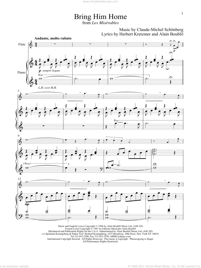 Bring Him Home (from Les Miserables) sheet music for flute and piano by Alain Boublil, Claude-Michel Schonberg, Claude-Michel Schonberg and Herbert Kretzmer, intermediate skill level