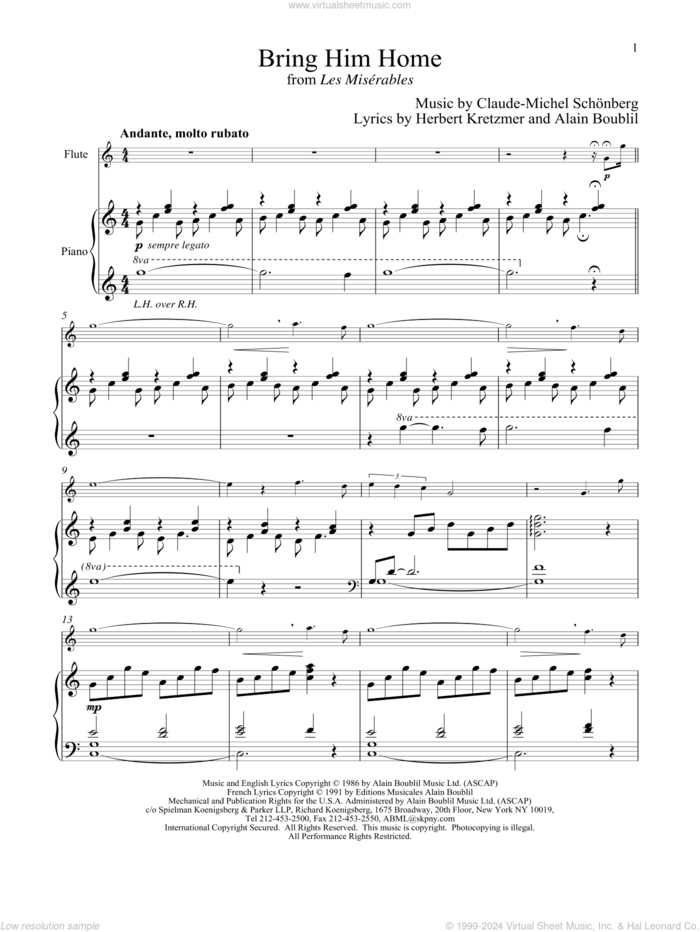 Bring Him Home (from Les Miserables) sheet music for flute and piano by Alain Boublil, Claude-Michel Schonberg, Claude-Michel Schonberg and Herbert Kretzmer, intermediate skill level