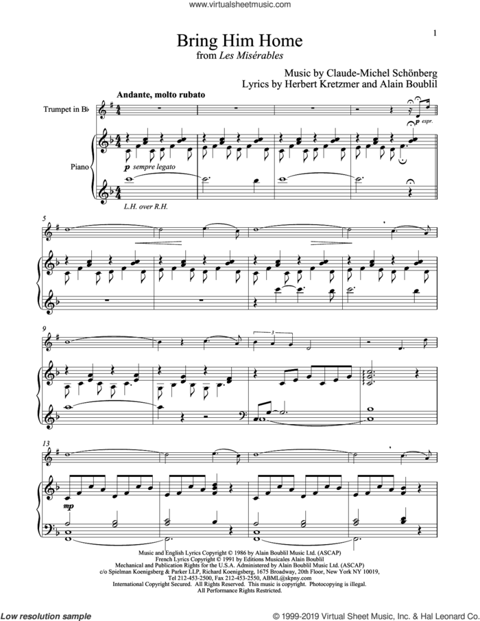 Bring Him Home (from Les Miserables) sheet music for trumpet and piano by Alain Boublil, Claude-Michel Schonberg, Claude-Michel Schonberg and Herbert Kretzmer, intermediate skill level