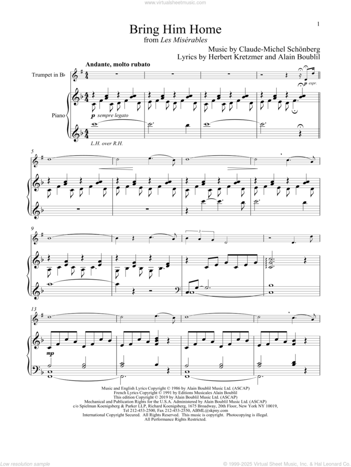 Bring Him Home (from Les Miserables) sheet music for trumpet and piano by Alain Boublil, Claude-Michel Schonberg, Claude-Michel Schonberg and Herbert Kretzmer, intermediate skill level