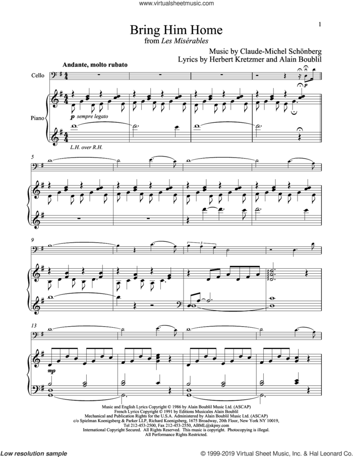 Bring Him Home (from Les Miserables) sheet music for cello and piano by Alain Boublil, Claude-Michel Schonberg, Claude-Michel Schonberg and Herbert Kretzmer, intermediate skill level