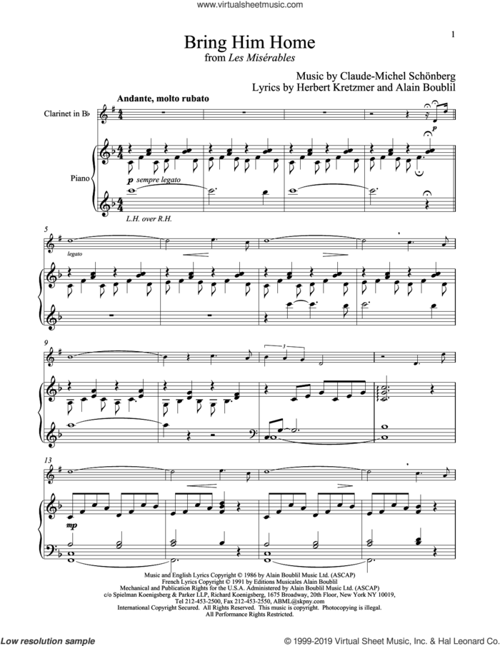 Bring Him Home (from Les Miserables) sheet music for clarinet and piano by Alain Boublil, Claude-Michel Schonberg, Claude-Michel Schonberg and Herbert Kretzmer, intermediate skill level