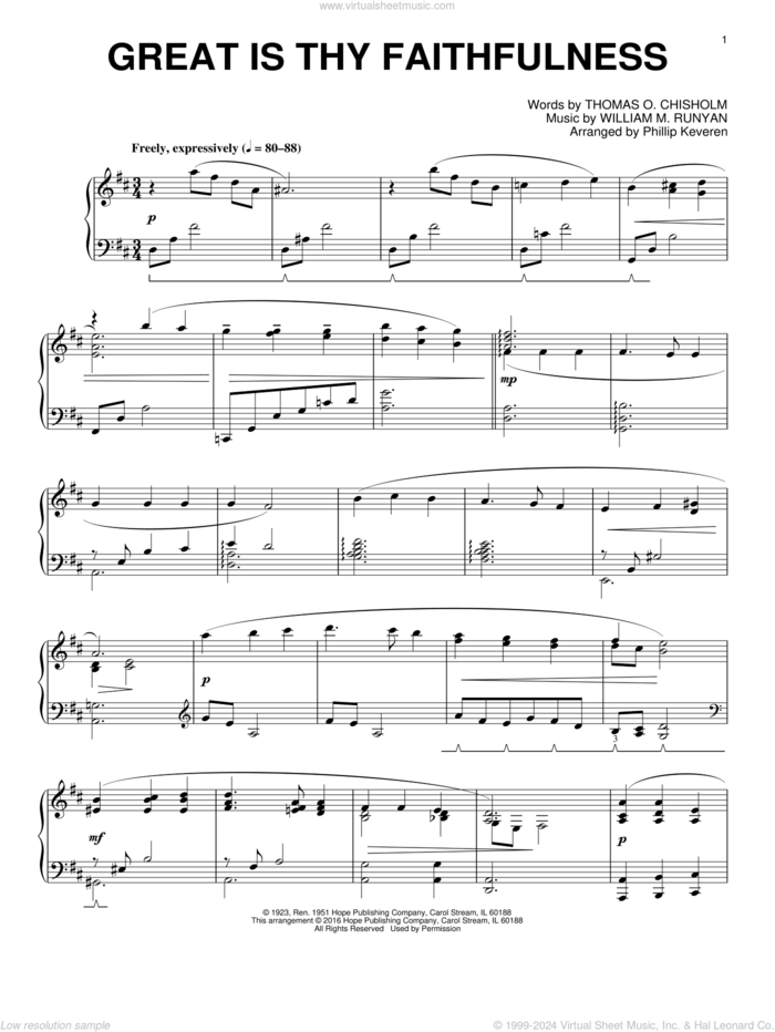 Great Is Thy Faithfulness (arr. Phillip Keveren) sheet music for piano solo by Thomas O. Chisholm, Phillip Keveren and William M. Runyan, intermediate skill level