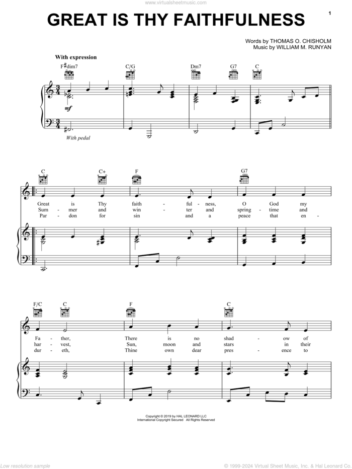 Great Is Thy Faithfulness sheet music for voice, piano or guitar by Thomas O. Chisholm and William M. Runyan, intermediate skill level