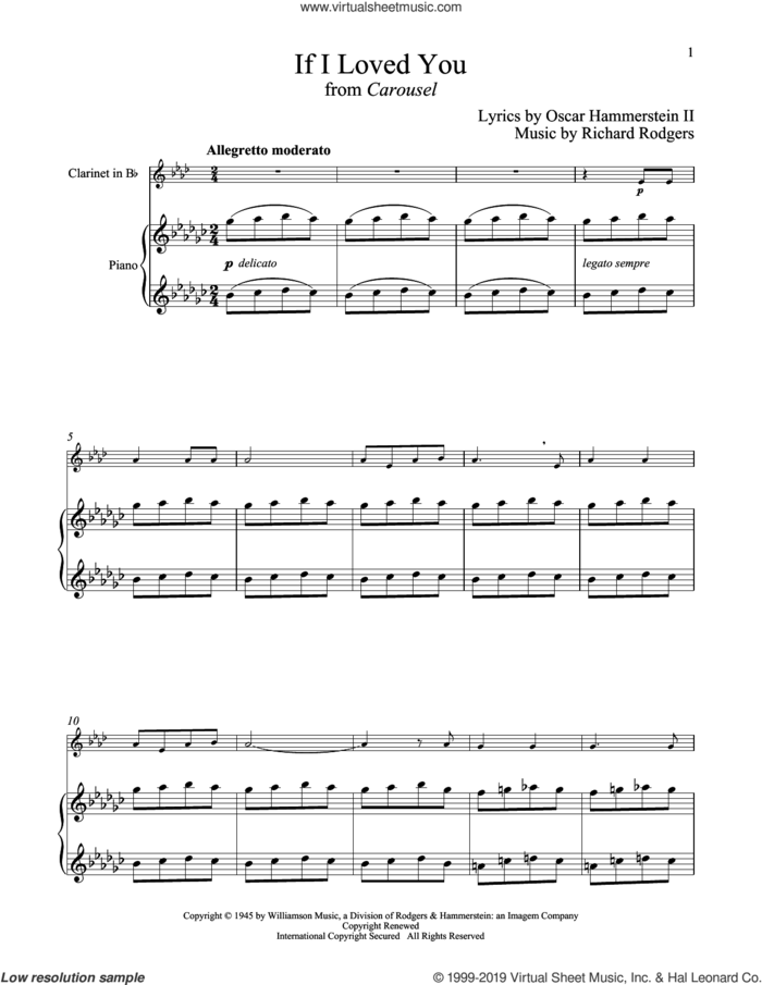 If I Loved You (from Carousel) sheet music for clarinet and piano by Rodgers & Hammerstein, Oscar II Hammerstein and Richard Rodgers, intermediate skill level
