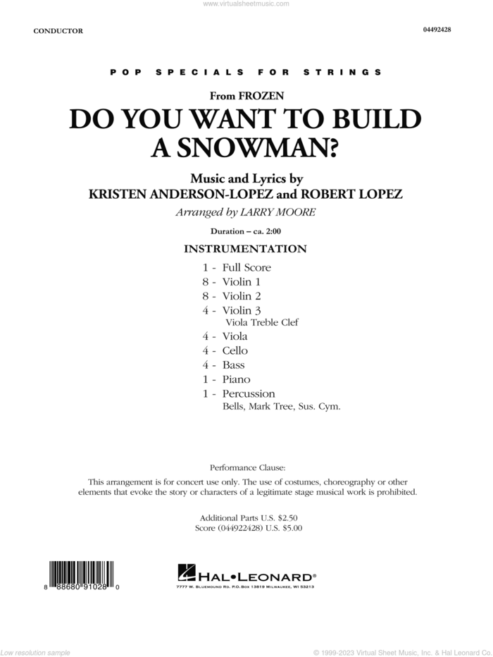 Do You Want To Build A Snowman (from Frozen) (arr. Larry Moore) sheet music for orchestra (full score) by Kristen Bell, Agatha Lee Monn & Katie Lopez, Kristen Anderson-Lopez and Robert Lopez, intermediate skill level