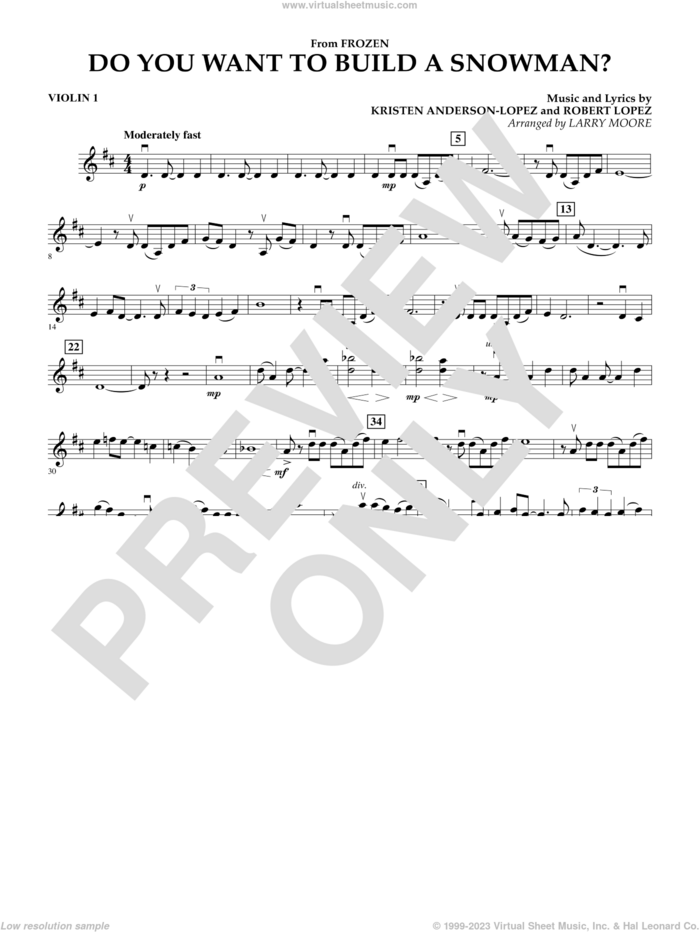 Do You Want To Build A Snowman (from Frozen) (arr. Larry Moore) sheet music for orchestra (violin 1) by Kristen Bell, Agatha Lee Monn & Katie Lopez, Kristen Anderson-Lopez and Robert Lopez, intermediate skill level