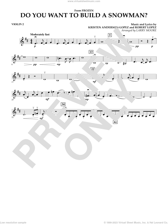 Do You Want To Build A Snowman (from Frozen) (arr. Larry Moore) sheet music for orchestra (violin 2) by Kristen Bell, Agatha Lee Monn & Katie Lopez, Kristen Anderson-Lopez and Robert Lopez, intermediate skill level