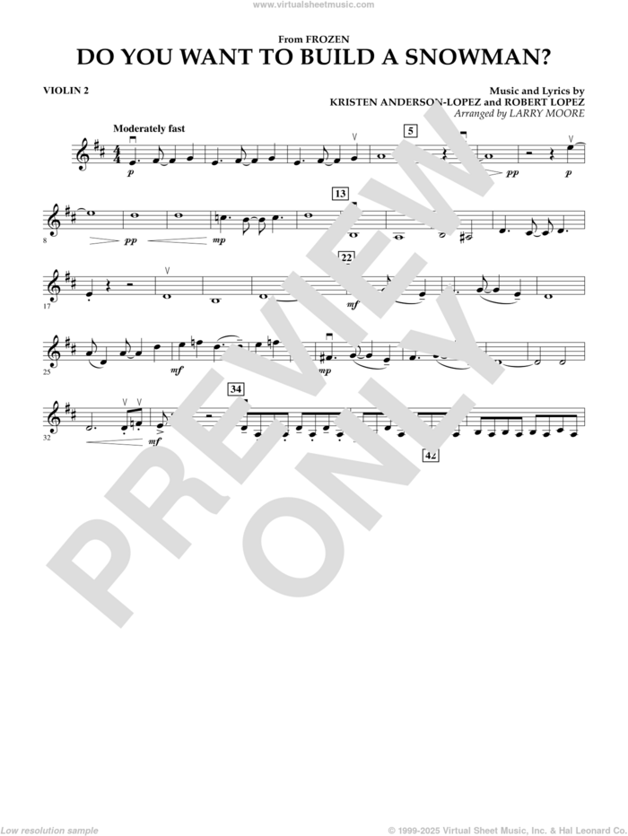 Do You Want To Build A Snowman (from Frozen) (arr. Larry Moore) sheet music for orchestra (violin 2) by Kristen Bell, Agatha Lee Monn & Katie Lopez, Kristen Anderson-Lopez and Robert Lopez, intermediate skill level