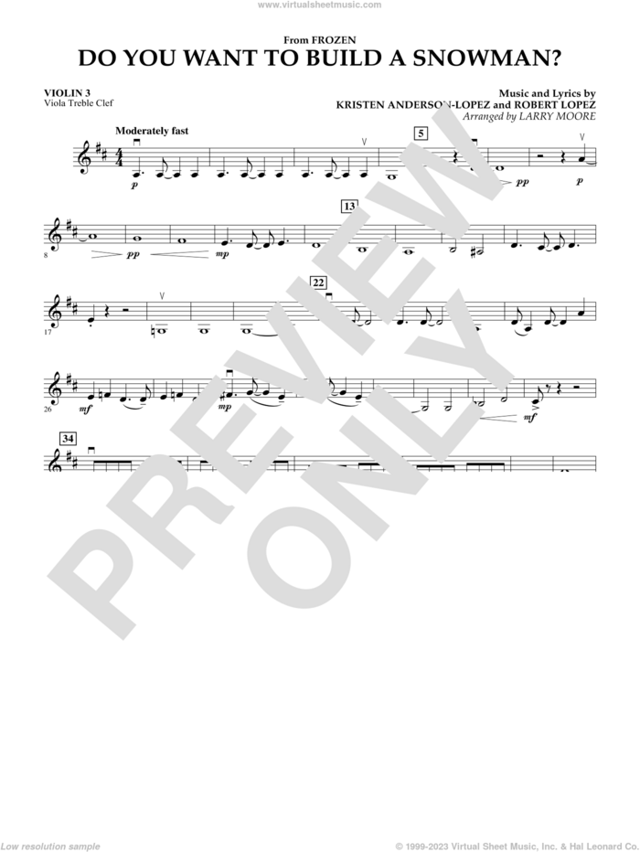 Do You Want To Build A Snowman (from Frozen) (arr. Larry Moore) sheet music for orchestra (violin 3, viola treble clef) by Kristen Bell, Agatha Lee Monn & Katie Lopez, Kristen Anderson-Lopez and Robert Lopez, intermediate skill level