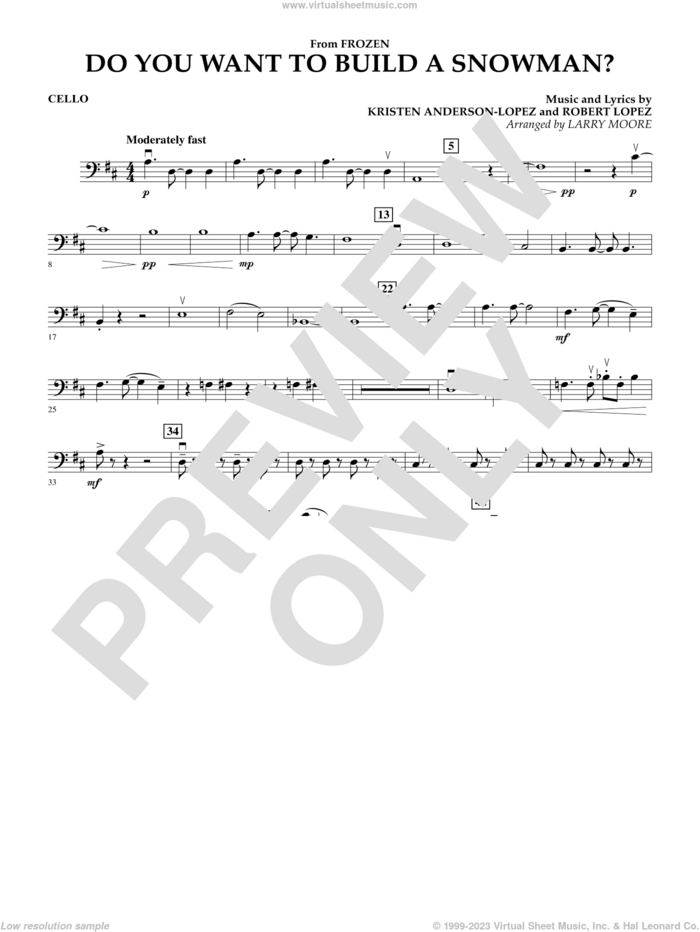 Do You Want To Build A Snowman (from Frozen) (arr. Larry Moore) sheet music for orchestra (cello) by Kristen Bell, Agatha Lee Monn & Katie Lopez, Kristen Anderson-Lopez and Robert Lopez, intermediate skill level