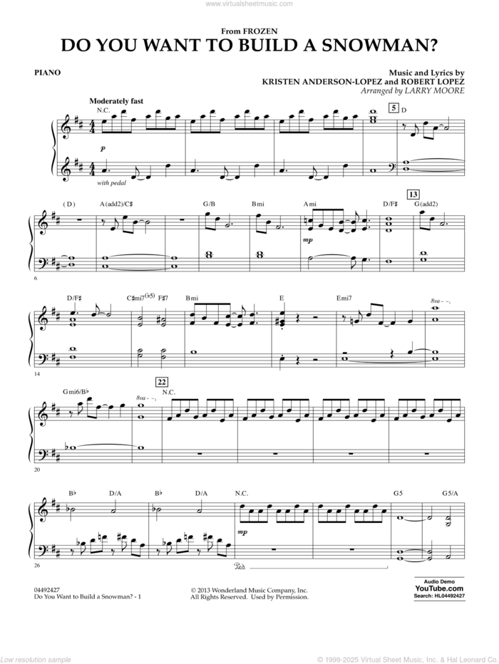 Do You Want To Build A Snowman (from Frozen) (arr. Larry Moore) sheet music for orchestra (piano) by Kristen Bell, Agatha Lee Monn & Katie Lopez, Kristen Anderson-Lopez and Robert Lopez, intermediate skill level