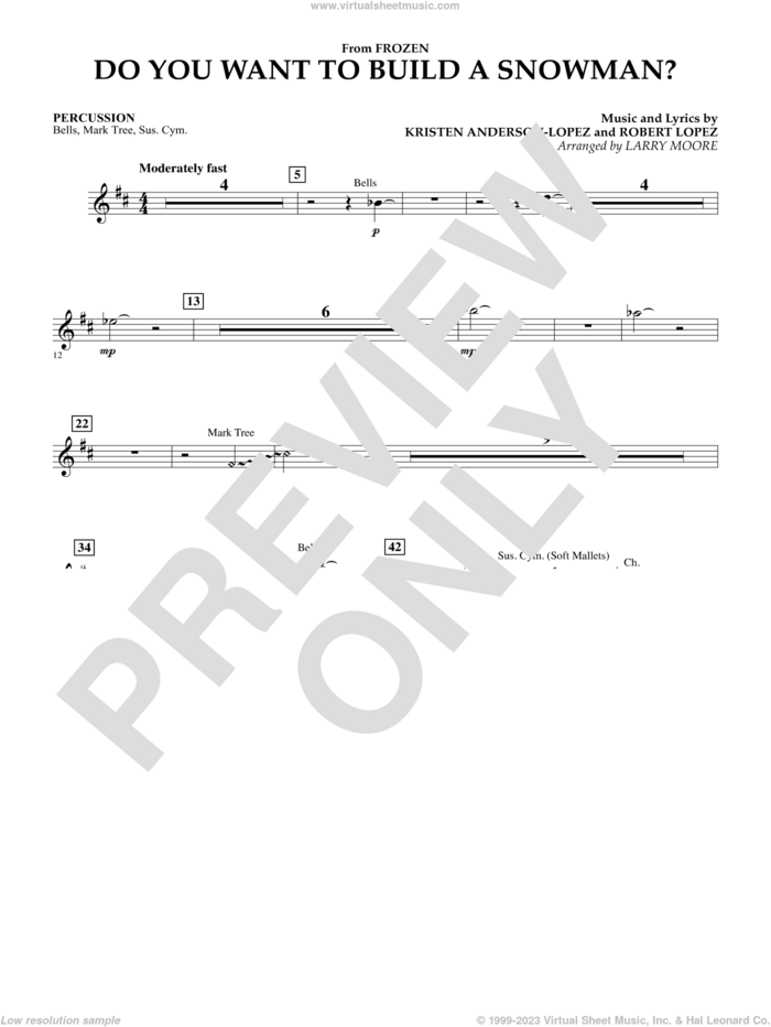 Do You Want To Build A Snowman (from Frozen) (arr. Larry Moore) sheet music for orchestra (percussion) by Kristen Bell, Agatha Lee Monn & Katie Lopez, Kristen Anderson-Lopez and Robert Lopez, intermediate skill level