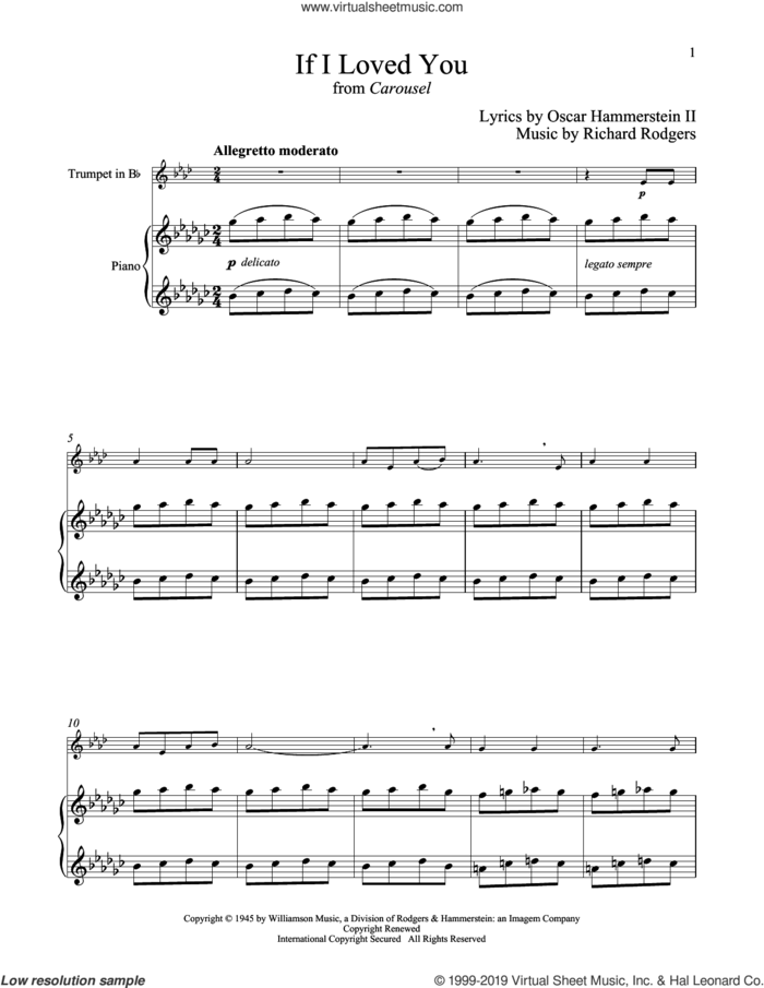 If I Loved You (from Carousel) sheet music for trumpet and piano by Rodgers & Hammerstein, Oscar II Hammerstein and Richard Rodgers, intermediate skill level