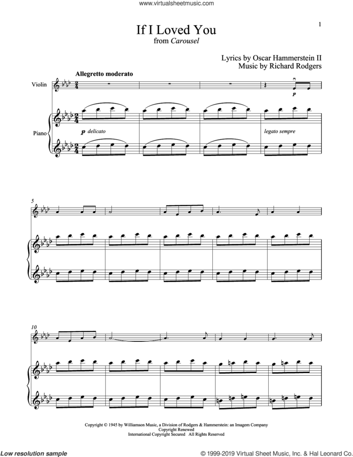 If I Loved You (from Carousel) sheet music for violin and piano by Rodgers & Hammerstein, Oscar II Hammerstein and Richard Rodgers, intermediate skill level
