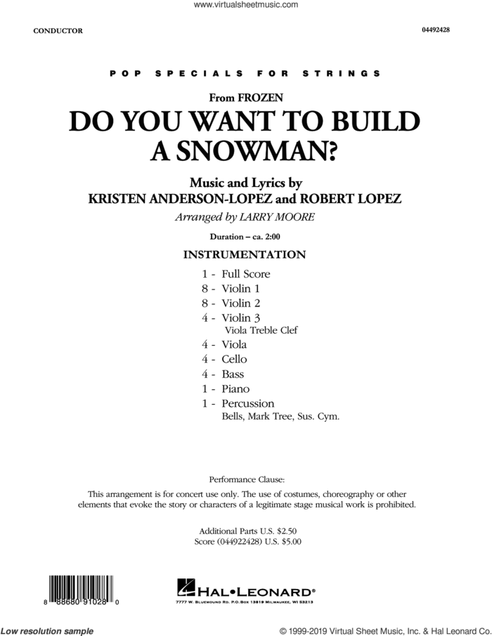 Do You Want to Build a Snowman? (from Frozen) (arr. Larry Moore) (COMPLETE) sheet music for orchestra by Robert Lopez, Kristen Anderson-Lopez and Kristen Bell, Agatha Lee Monn & Katie Lopez, intermediate skill level