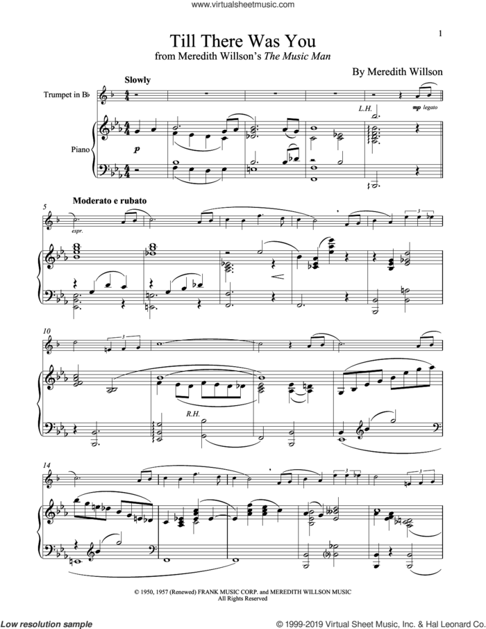 Till There Was You (from The Music Man) sheet music for trumpet and piano by Meredith Willson and The Beatles, wedding score, intermediate skill level