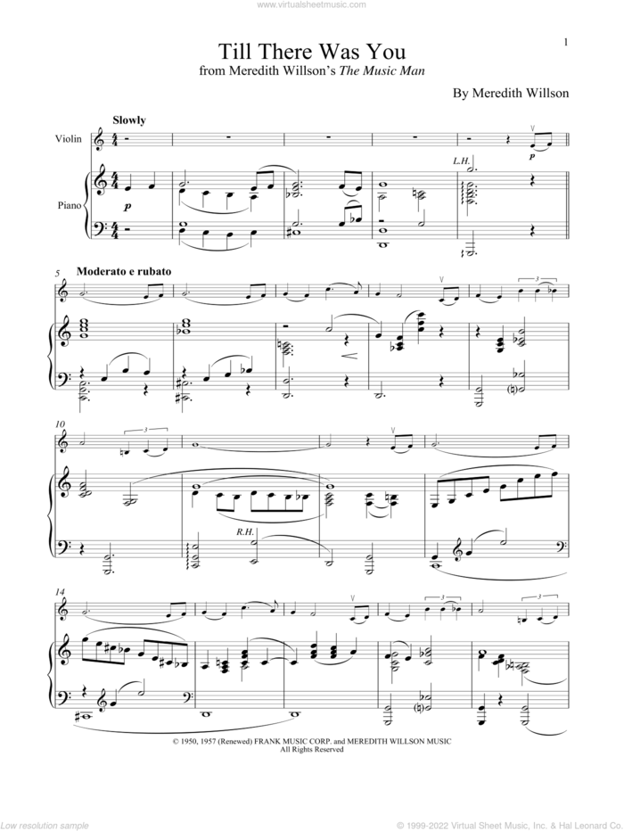 Till There Was You (from The Music Man) sheet music for violin and piano by Meredith Willson and The Beatles, wedding score, intermediate skill level