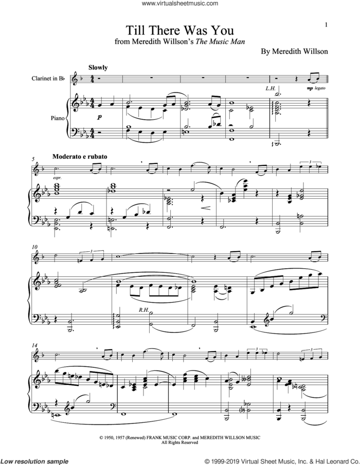 Till There Was You (from The Music Man) sheet music for clarinet and piano by Meredith Willson and The Beatles, wedding score, intermediate skill level