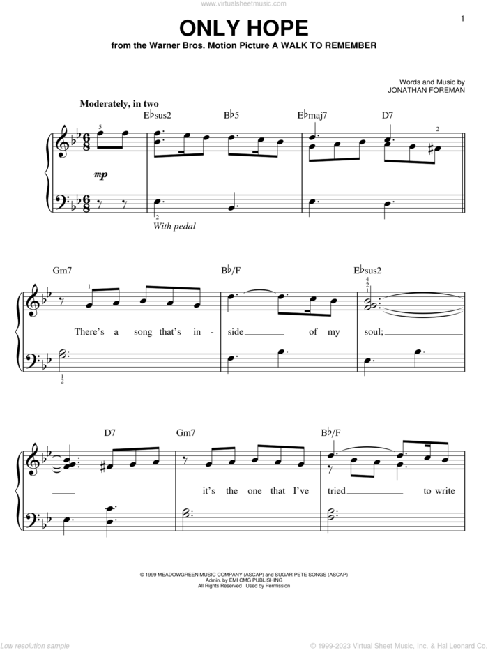 Only Hope sheet music for piano solo by Mandy Moore and Jonathan Foreman, easy skill level