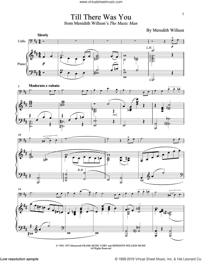 Till There Was You (from The Music Man) sheet music for cello and piano by Meredith Willson and The Beatles, wedding score, intermediate skill level