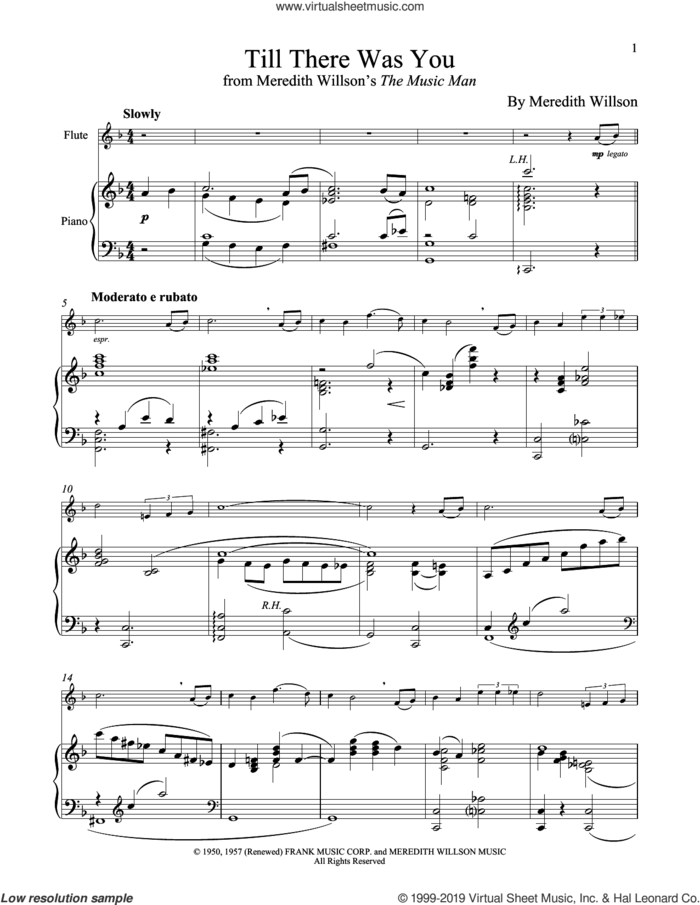 Till There Was You (from The Music Man) sheet music for flute and piano by Meredith Willson and The Beatles, wedding score, intermediate skill level