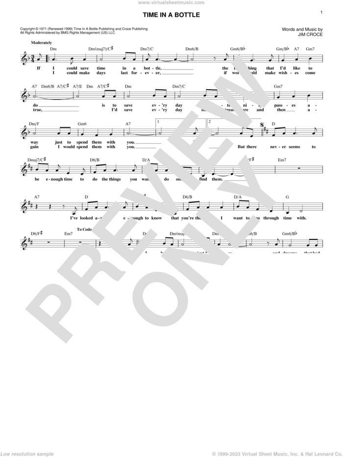 Time In A Bottle sheet music for voice and other instruments (fake book) by Jim Croce, intermediate skill level