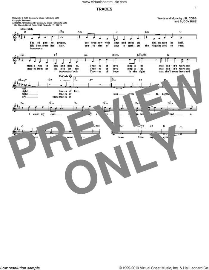 Traces sheet music for voice and other instruments (fake book) by Classics IV, Buddy Buie, Emory Gordy and James Richard Cobb III, intermediate skill level