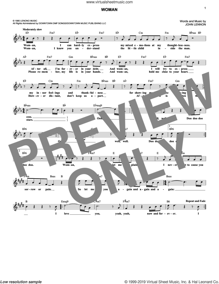 Woman sheet music for voice and other instruments (fake book) by John Lennon, intermediate skill level