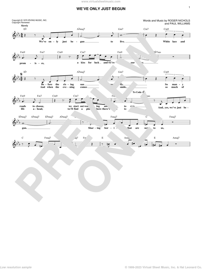 We've Only Just Begun sheet music for voice and other instruments (fake book) by Carpenters, Paul Williams and Roger Nichols, wedding score, intermediate skill level